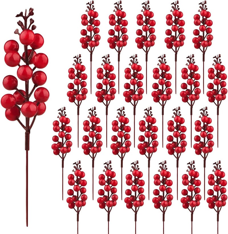 Meching 24 Pack Red Berry Stems, 7.5 Inch Artificial Burgundy Red Berry Picks Holly Red Berries Branches Christmas Berry Stem Picks for Christmas Tree DIY Crafts Wedding Holiday Season Winter Home Decor - Image 1